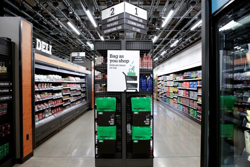 An Amazon Go grocery bags are pictured during a tour of an Amazon checkout-free, large format grocery store in Seattle